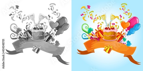 Celebration colored background with champaign glasses birthday cake vector