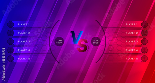 Cybersport tournament screen design with VS monogram. Red blue template for esports teams battle. Team competition, game championship. Red VS blue. Vector