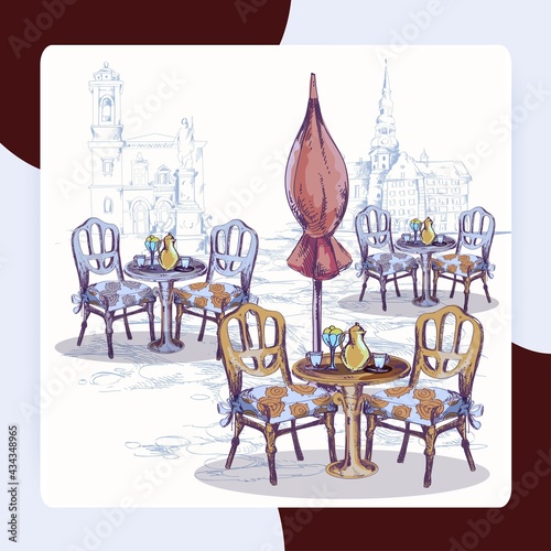 Street cafe sketch poster with chairs table and old town on background vector illustration