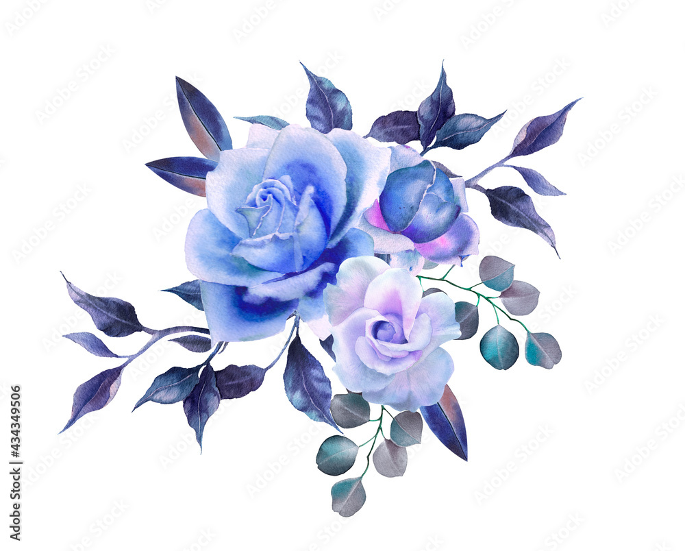 Blue rose flower. Hand painted watercolor illustration. Floral bouquet ...