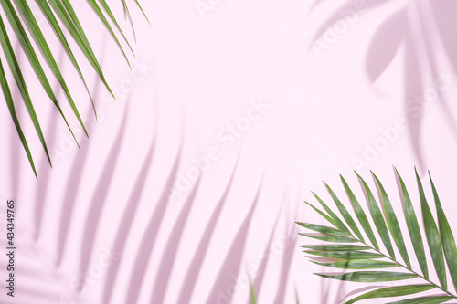 Minimal creative layout made of  tropical palm leaves on pastel pink background. Summer exotic concept with copy space. 