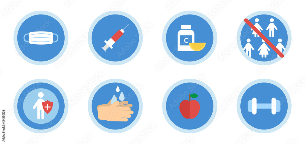 Virus protection icon set. Coronavirus disease warning. Wash hands, wearing mask, vaccine, vitamins, sport, strong immunity, avoid crowd symbol. Medical concept. Vector illustration