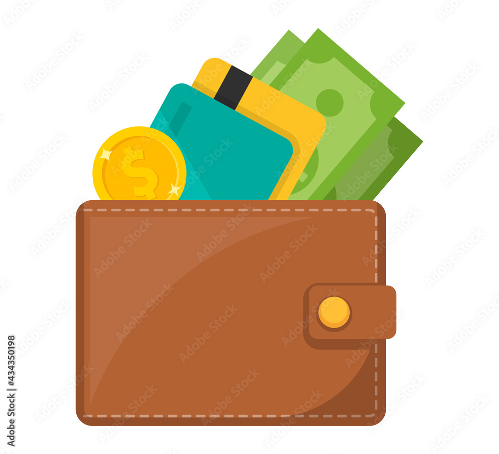 Wallet icon. Wallet with card and cash. Vector illustration.