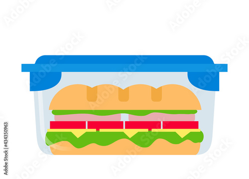 sandwich with sausage lettuce cheese tomato loaf in plastic lunch box container vector illustration