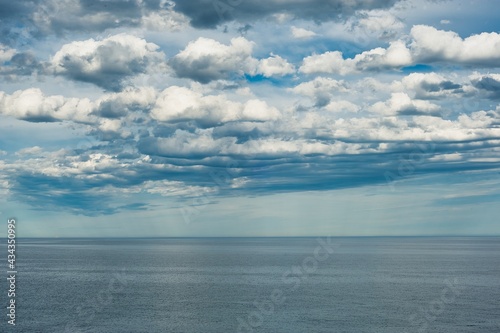 Blue sky with broken clouds in spring on the seashore