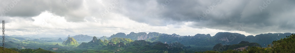 Beautiful panoramic hills and mountains scenery with morning atmosphere during rainy season at Doi Tapang, Sawi District, Chumphon, Thailand.