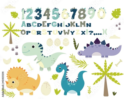 set of cute dinosaurs with plants, bone, monstera leaves, egg and alphabet, for design of children's cards, clothes, etc. flat cute drawings for kids, stylized vector graphics © Екатерина Якубович