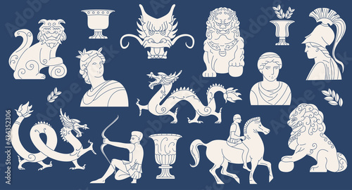 Ancient Greece and Asia antique elements collection. Japanese dragon, Komainu dogs set. Different marble male and female statues in simple cartoon style.
