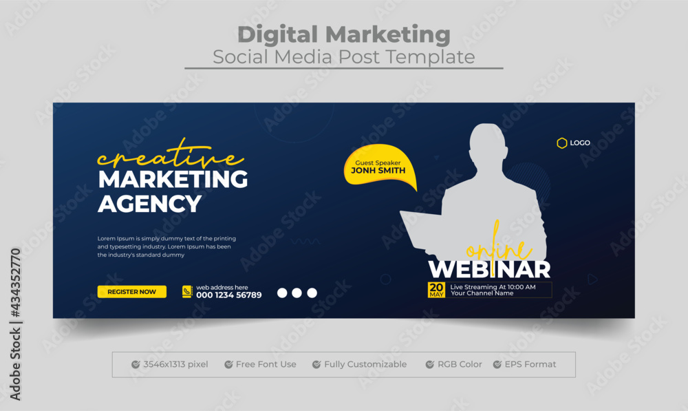 Creative marketing agency facebook cover photo design and web banner template, Online webinar facebook cover and web banner template - obrazy, fototapety, plakaty 