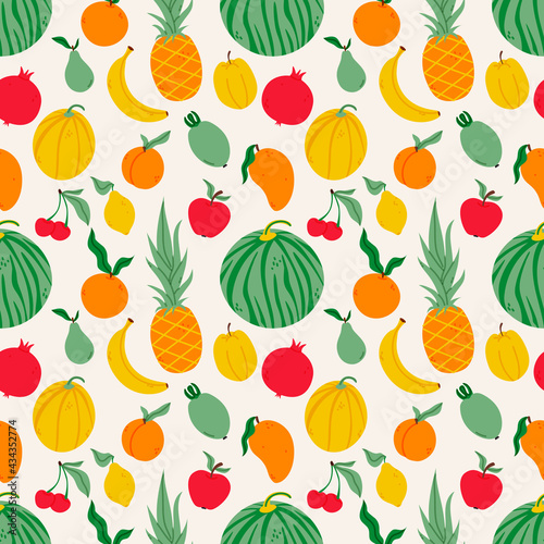 Fototapeta Naklejka Na Ścianę i Meble -  Summer fruits seamless pattern vector illustration. Fresh tasty organic food texture design. Tropical set background. Healthy mix wrapping.