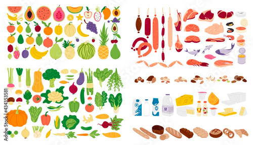 Grocery products elements collection. Fruits and vegetables isolated set. Different meat, fish and dairy ingredients in cartoon design.