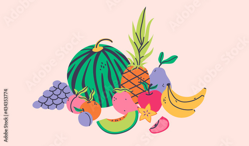 Different fruits composition flat cartoon illustration. Summer harvest banner design. Tropical mix background.