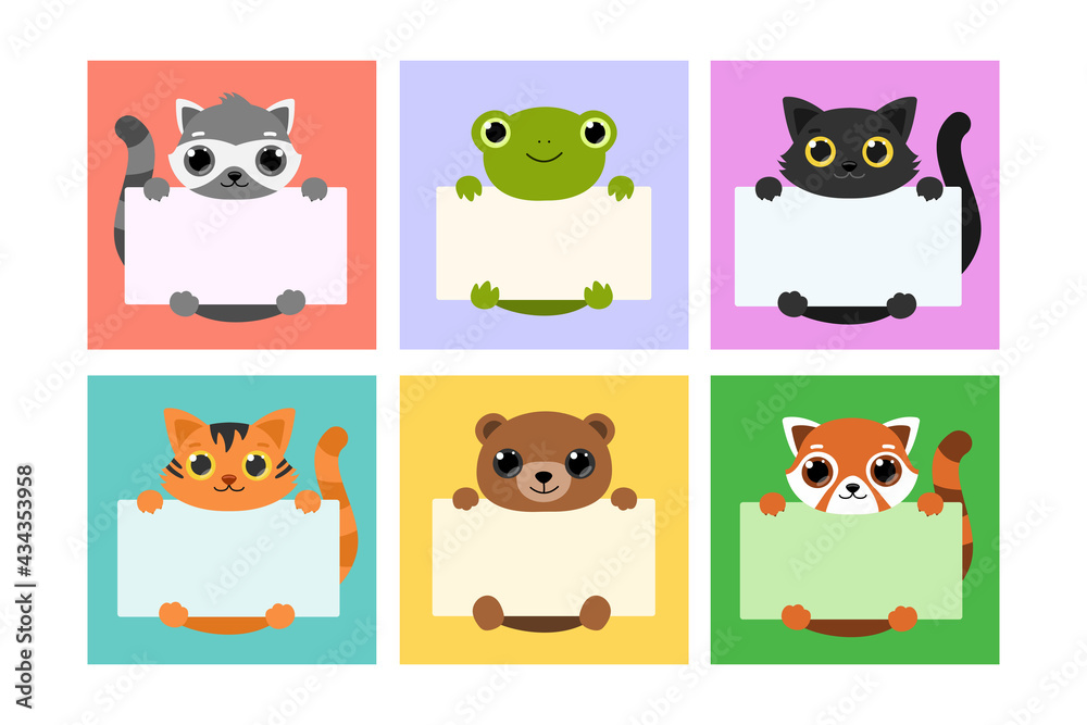 Fototapeta premium Set Cute Animals Holding Banners. Template for, memo, planner, to do listbook, note, notebook, paper cards, notes, stickers, labels.