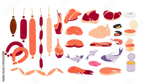 Meat products elements collection . Fish and seafoods grocery isolated set. Different sausages and wieners in cartoon design.