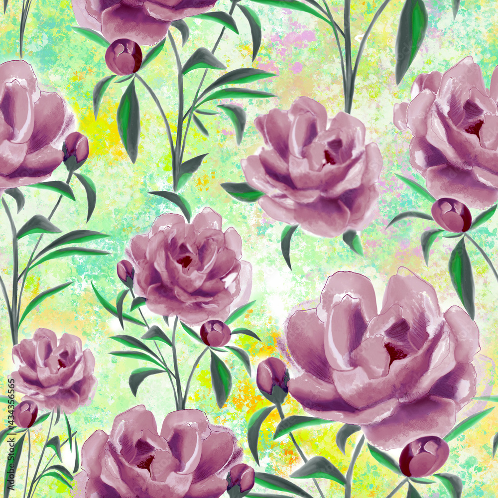 Classic painted peonies. All over textile pattern. Summer flowers.