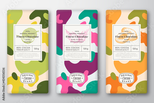 Chocolate Labels Set. Abstract Vector Packaging Design Layouts Collection. Modern Typography, Hand Drawn Durian, Papaya, Dragon Fruit Sketches and Colorful Camouflage Pattern Background. Isolated