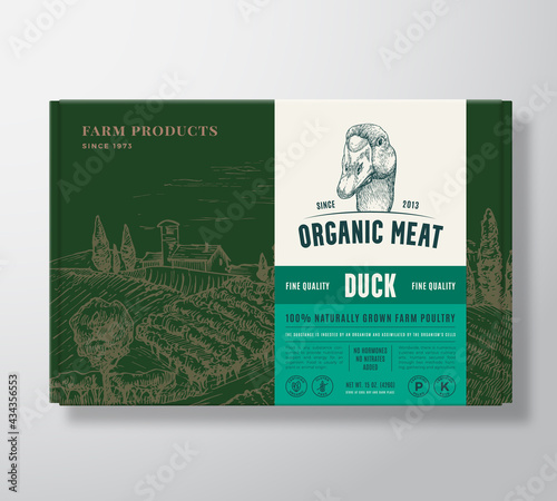 Premium Quality Duck Meat Mock Up. Organic Vector Poultry Packaging Label Design on a Cardboard Box Container. Modern Typography and Hand Drawn Bird Face and Rural Landscape Sketch Background Layout