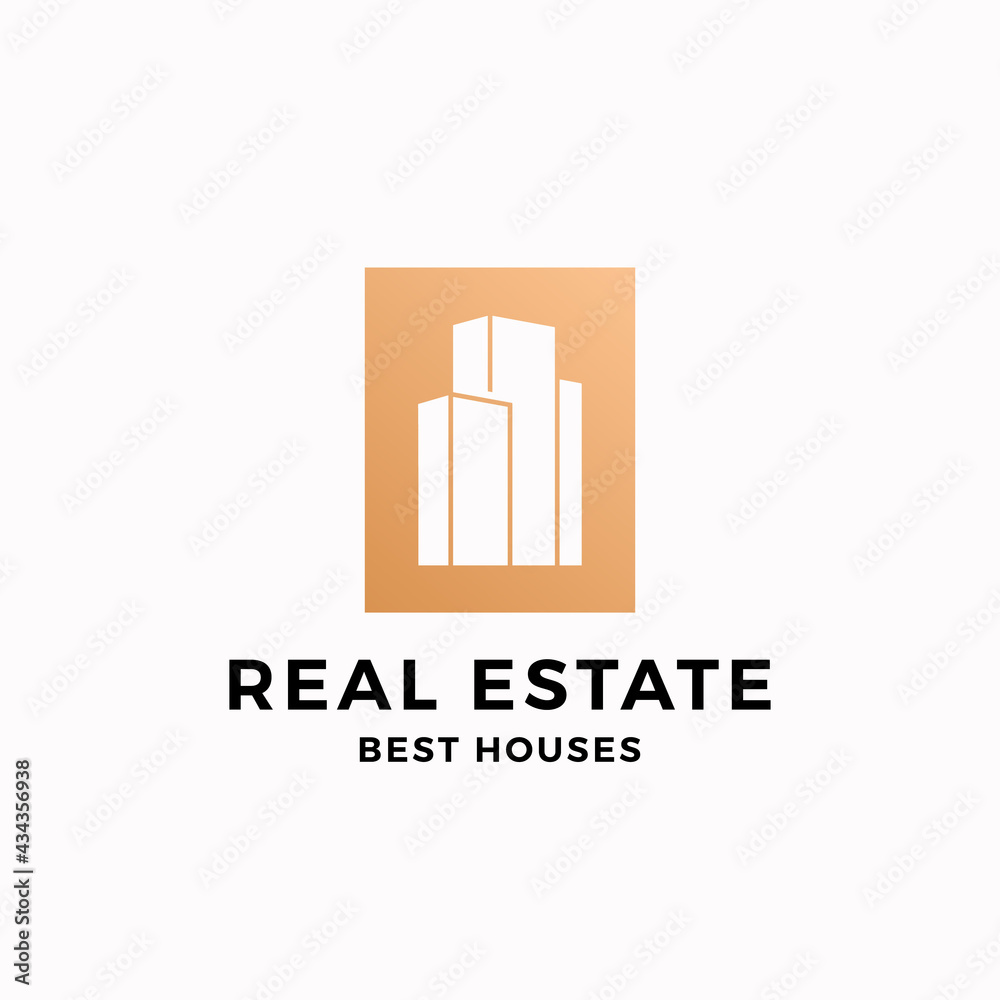 Real Estate Abstract Vector Sign, Symbol or Logo Template. Skyscraper Buildings in a Square Frame with Modern Typography. Isolated Real Estate Abstract Vector Sign, Symbol or Logo Template. Skyscraper Buildings in a Square Frame with Modern Typography. Isolated
