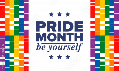 LGBTQIA Pride Month in June. Lesbian Gay Bisexual Transgender. Celebrated annual. LGBT flag. Rainbow love concept. Human rights and tolerance. Poster, card, banner and background. Vector illustration