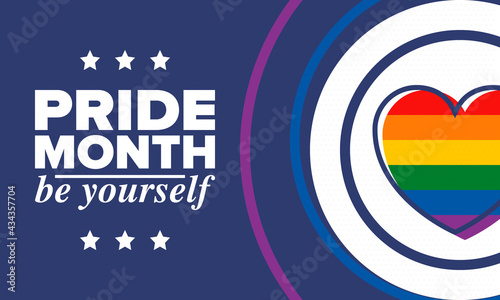 LGBTQIA Pride Month in June. Lesbian Gay Bisexual Transgender. Celebrated annual. LGBT flag. Rainbow love concept. Human rights and tolerance. Poster, card, banner and background. Vector illustration