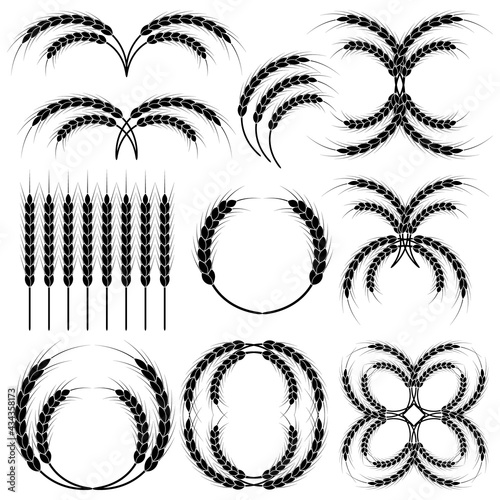 Set of wheat wreaths and grain spikes. Illustrations and pictograms. Black and white vector clipart and drawings.