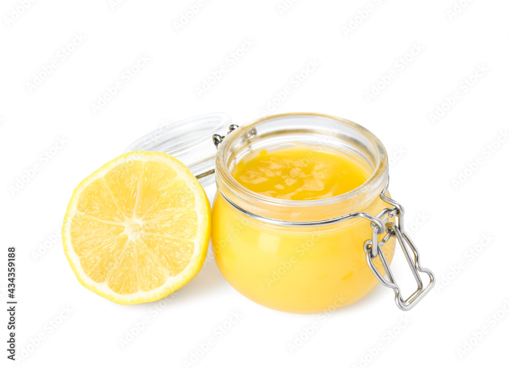 Delicious lemon curd and fruit on white background Delicious lemon curd and fruit on white background