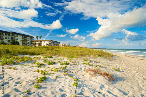 Beautiful Cocoa Beach, Florida with blue sky and clouds