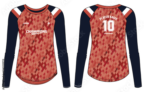 geometric women Long Sleeve Sports Jersey t-shirt design concept Illustration suitable for girls and Ladies for Volleyball jersey, Football, badminton, Soccer, netball and tennis, Sport uniform kit