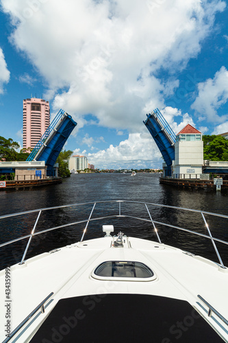 View of the Fort Lauderdale intracoastal waterway viewed from a yacht with a open drawbridge