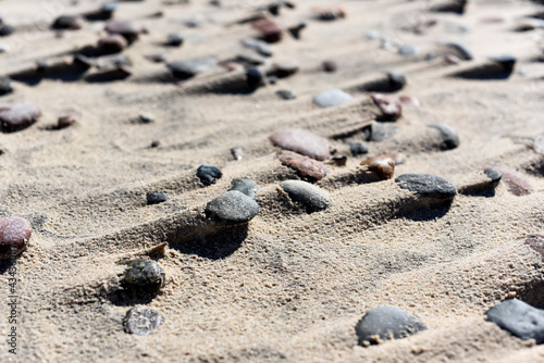 Sandy beach with pebbles on the sand in a sunny day. Baltic Sea.