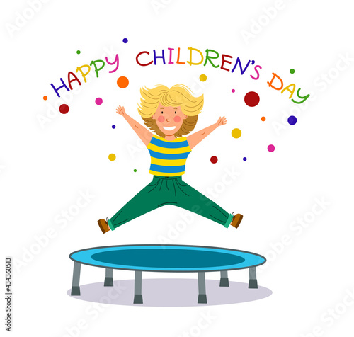 Happy children is a Day. Funny girl jumping on a trampoline. Perfect for invitations, banners, and greeting cards.