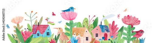 Watercolor illustration with cute village houses, wildflowers, herbs and butterflies. Panoramic horizontal isolated illustration. Horizontal banner.