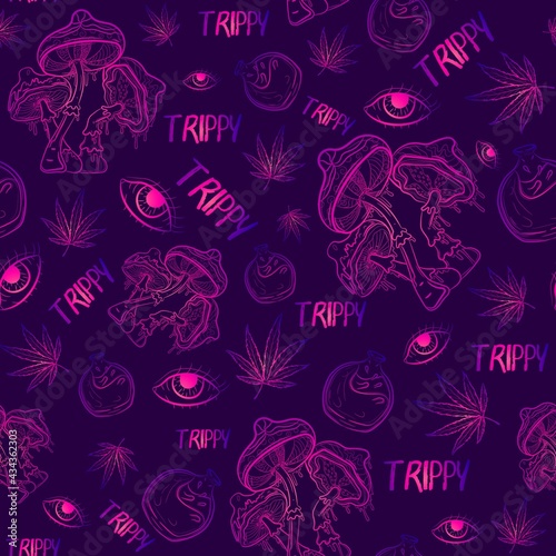 Purple psychedelic seamless pattern with gradient occult elements. Narcotic repeat background with mushrooms, eyes, potions, marijuana and other spell incantation objects. Trippy and witchy texture
