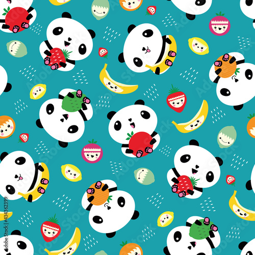 Kawaii panda and fruit seamless vector pattern background. Backdrop with cartoon bears holding apples  bananas  strawberries  oranges. Laughing and smiling animals. Healthy eating concept for kids