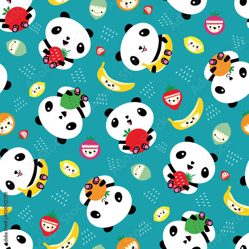 Kawaii panda and fruit seamless vector pattern background. Backdrop with cartoon bears holding apples, bananas, strawberries, oranges. Laughing and smiling animals. Healthy eating concept for kids