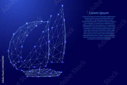 Yacht, sailing vessel from futuristic polygonal blue lines and glowing stars for banner, poster, greeting card. Vector illustration.