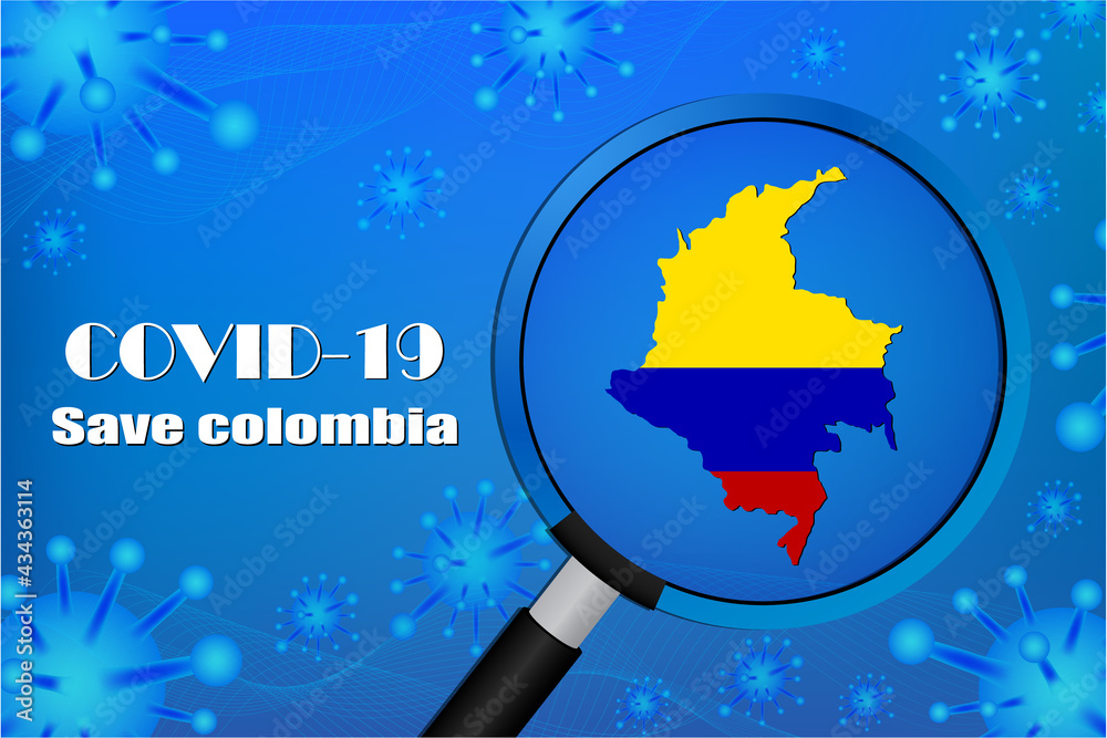 Save colombia for stop virus sign. Covid-19 virus cells or corona virus and bacteria close up isolated on blue background,Poster Advertisement Flyers Vector Illustration.