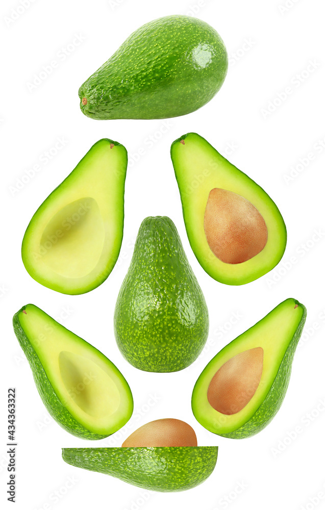 Avocados whole and cut, set of different parts with and without a bone isolated on white background with clipping path, element of packaging design. Full depth of field. Avocados whole and cut, set of different parts with and without a bone isolated on white background with clipping path, element of packaging design. Full depth of field.