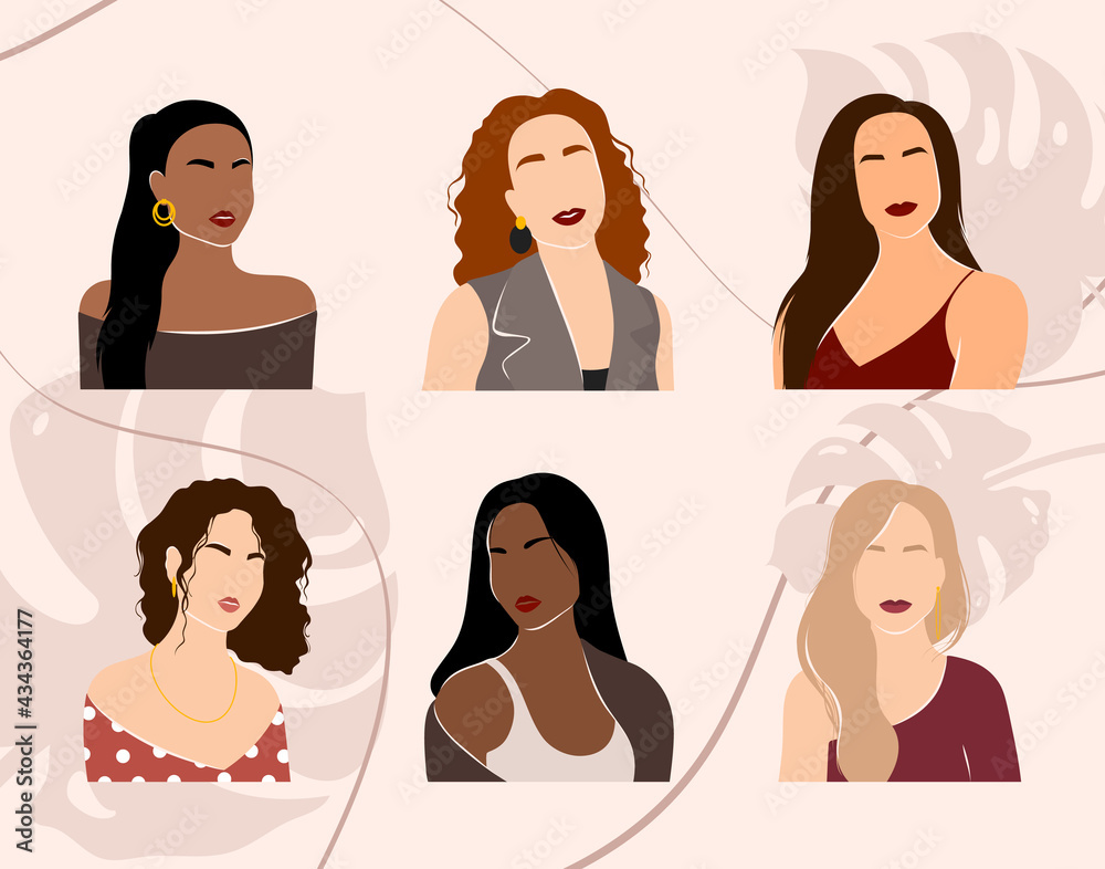 Abstract woman portraits. Set of female silhouettes. Girls face with stylish haircut on the pink isolated background. Beauty logo. Abstract woman portraits. Set of female silhouettes. Girls face with stylish haircut on the pink isolated background. Beauty logo.