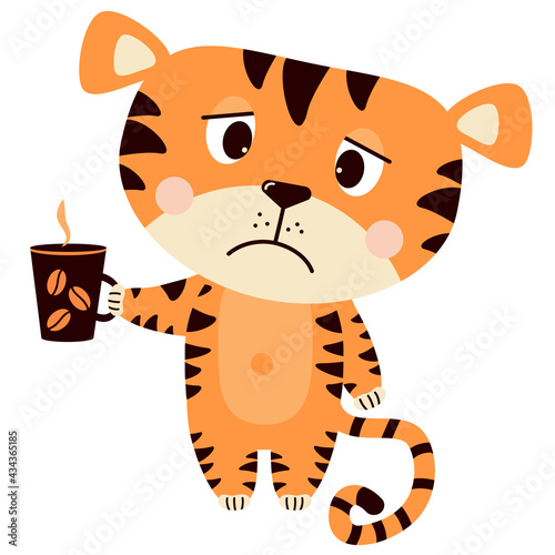 Sad, upset, Grumpy tiger with a cup of coffee. Vector illustration. Cute concept animal character For design, print, decor, cards and banners