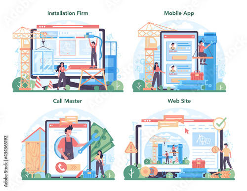 Installer online service or platform set. Worker in uniform installing