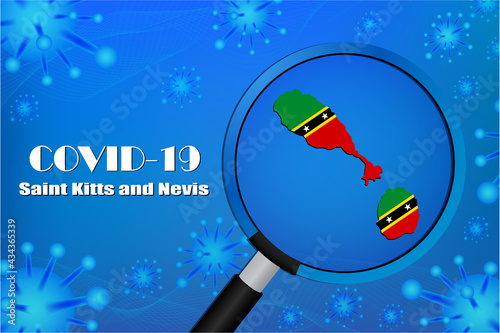 Save Saint Kitts and Nevis for stop virus sign. Covid-19 virus cells or corona virus and bacteria close up isolated on blue background Poster Advertisement Flyers Vector Illustration.