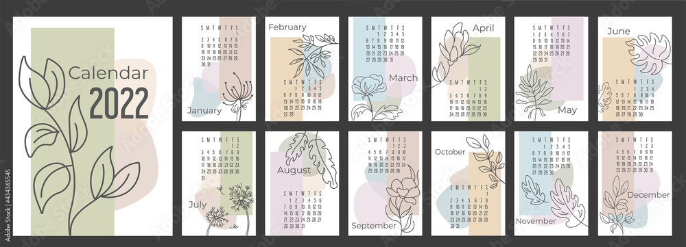 A4 calendar or planner 2022 trendy abstract figures with hand drawn botanic flowers. Cover and 12 monthly pages. Week starts on Sunday, vector illustration pastel colors A3 A2 A6