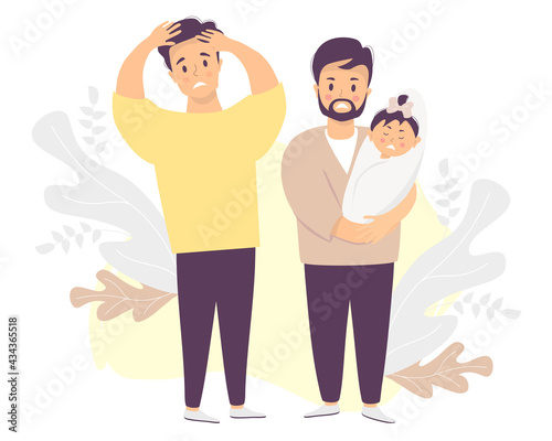 Male couple with a baby. Two sad and frightened men are holding a crying newborn. Vector illustration. LGBT European family with newborn daughter, stressful situation. Family life and emotions concept