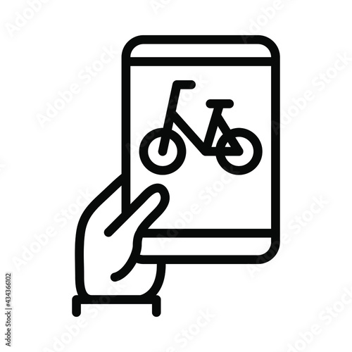 Bike sharing flat line icon. Vector outline illustration of  Urban transportation, rent a bike, bike rental app. Black color thin linear sign for store, can be used in logo, UI and web design