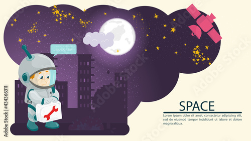 A man in a space suit with a repair suitcase on a background of planets a flat illustration for a design in the style of flat childrens doodles © svarog19801