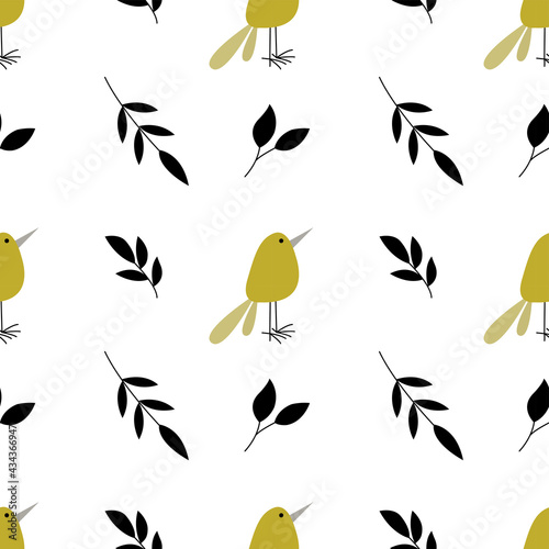 Vector cartoon seamless pattern with leaves and birds in vintage style for fabrics, paper, textile, gift wrap isolated on white background