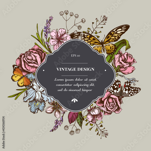 Badge over design with shepherd s purse, heather, iris japonica, sakura, gypsophila, almond, lemon butterfly, african giant swallowtail, plain tiger, roses