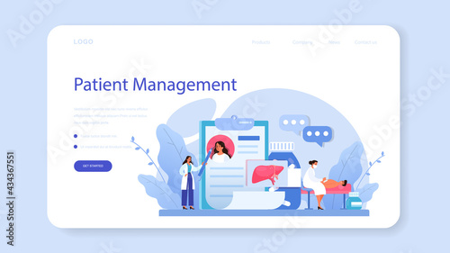 Hepatologist web banner or landing page. Doctor make liver examination