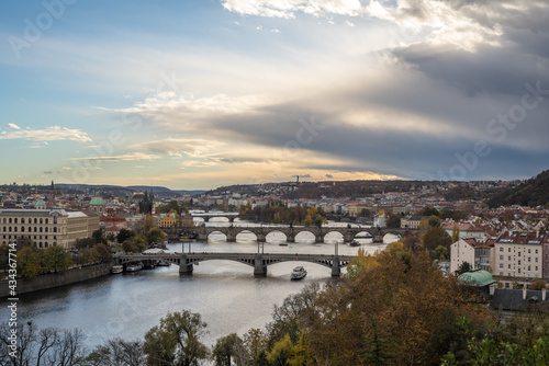 View of the bridge at sunset in Prague from the park